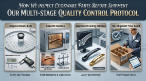 Quality control inspector checking cookware handle dimensions and glass lid tolerances before shipment.