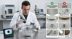Quality control inspector examining a tempered glass lid for rim corrosion and surface defects in a factory testing lab.